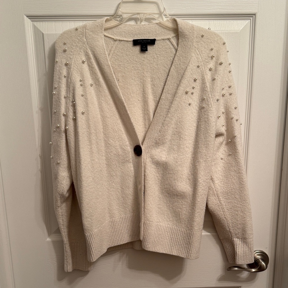 Ann Taylor Cream Cardigan with Pearl Accents